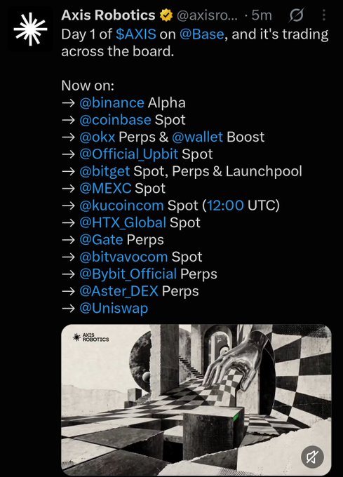 A tweet from Axis Robotics (@axisro...) announces “Day 1 of $AXIS on @Base” and lists trading venues including Binance Alpha, Coinbase Spot, OKX Wallet, Upbit, Bitget, MEXC, Kucoin, Gate, Bybit, Aster DEX, and Uniswap.