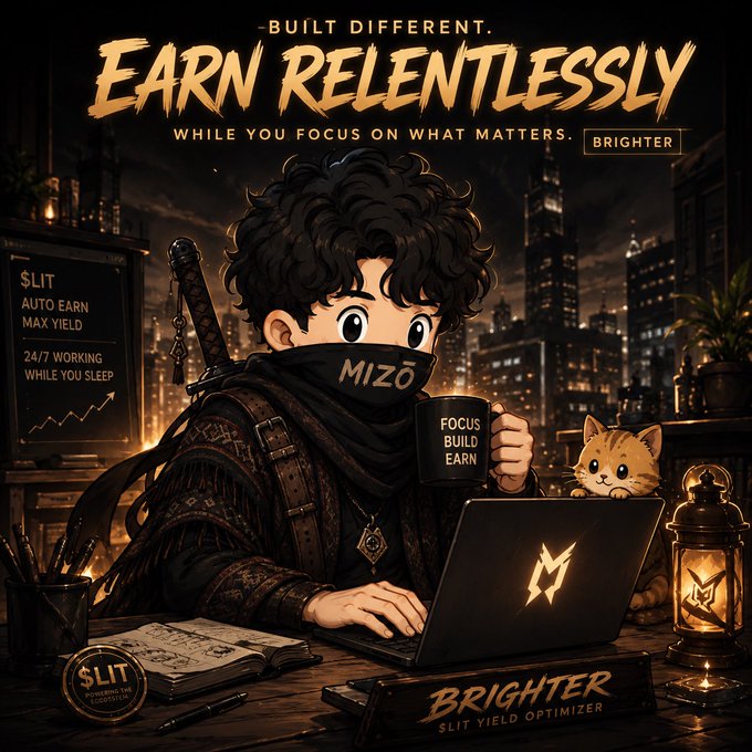 A stylized anime-style character wearing a "MIZŌ" mask works on a laptop labeled "BRIGHTER" alongside an orange cat, set against a city skyline with promotional text reading "BUILT DIFFERENT. EARN RELENTLESSLY" and "SLIT - AUTO EARN MAX YIELD, 24/7 WORKING WHILE YOU SLEEP." The image ties to the post's "GA Guys Let's Start New Week" message by visually presenting a "new week" grind theme, marketing the $LIT yield optimizer as a hands-free way to earn while focusing on what matters.