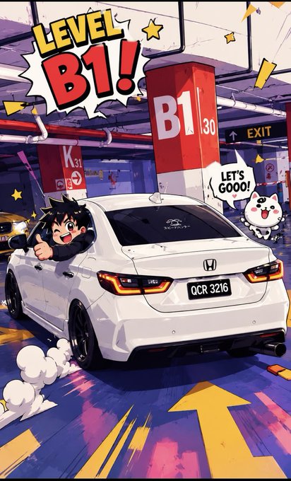 A vibrant cartoon-style parking garage scene celebrating 'LEVEL B1!' with an anime-style character driving a white Honda sedan (license plate QCR 3216) and a cheering white cat mascot saying 'LET'S GOOO!'.