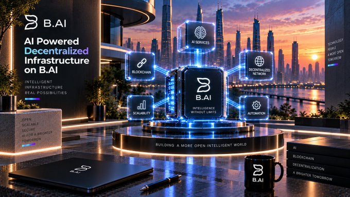A promotional graphic for B.AI showcases its AI-powered decentralized infrastructure, featuring icons for blockchain, AI services, scalability, and automation set against a futuristic city skyline.