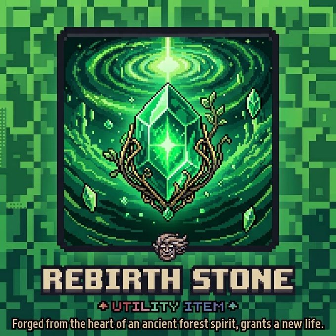 Pixel art illustration of a 'REBIRTH STONE' utility item, depicted as a glowing green crystal held by tree branches with the description: 'Forged from the heart of an ancient forest spirit, grants a new life.'