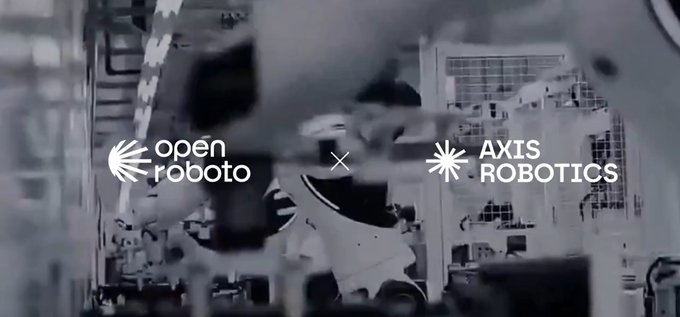The image features a collaboration announcement between OpenRoboto and Axis Robotics, displaying both company logos against a backdrop of robotic equipment in what appears to be a manufacturing or industrial setting. This visual supports the partnership news, highlighting Axis Robotics' role as OpenRoboto's core data engine within the Bittensor (Subnet 80) ecosystem.