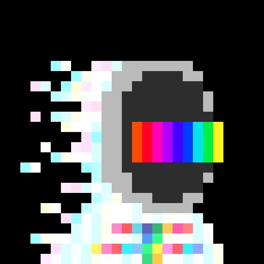 A pixel art illustration of a glitched astronaut figure with a colorful rainbow stripe across the visor of its helmet.