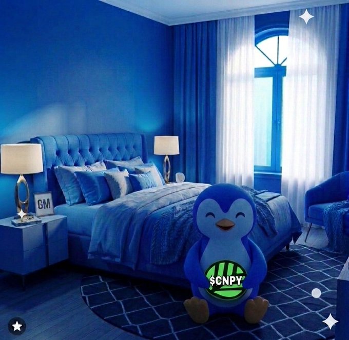 A vibrant blue-themed bedroom interior with a tufted blue bed, matching curtains, and lamps, featuring a cartoon penguin mascot holding a green sign that reads '$CNPY' in the foreground.