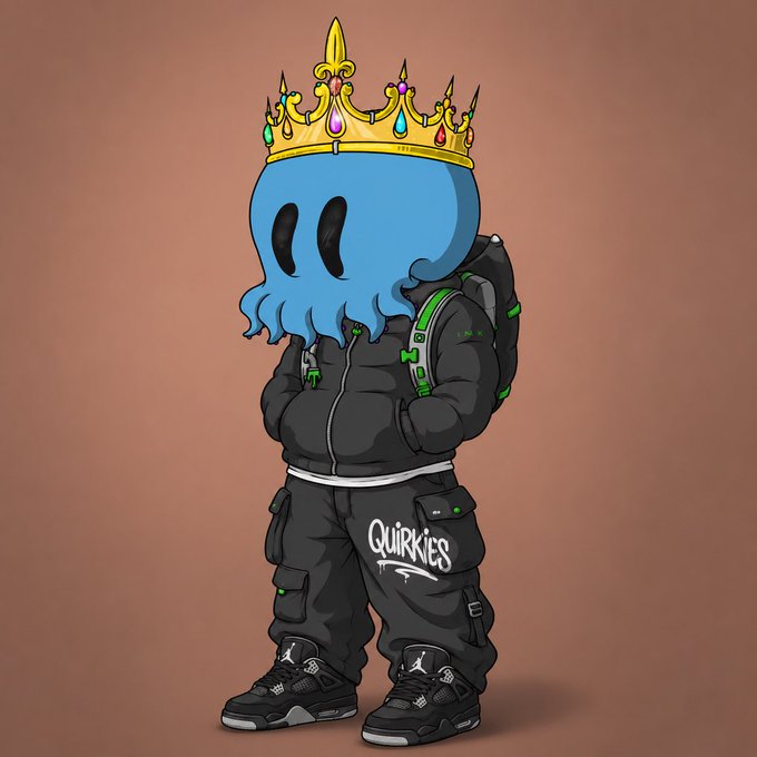 An illustration of a blue octopus-headed cartoon character wearing a gold jeweled crown, a black puffer jacket, and 'Quirkies' branded pants and Jordans.