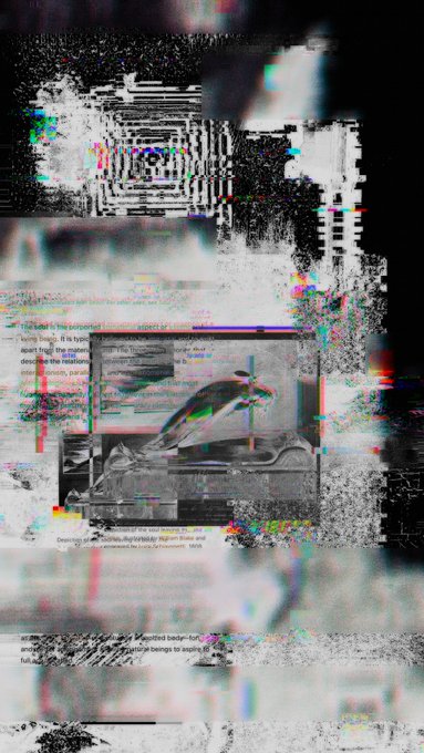 A heavily glitched and distorted digital artwork featuring colorful RGB chromatic aberration, fragmented text fragments, and abstract geometric patterns resembling corrupted data.