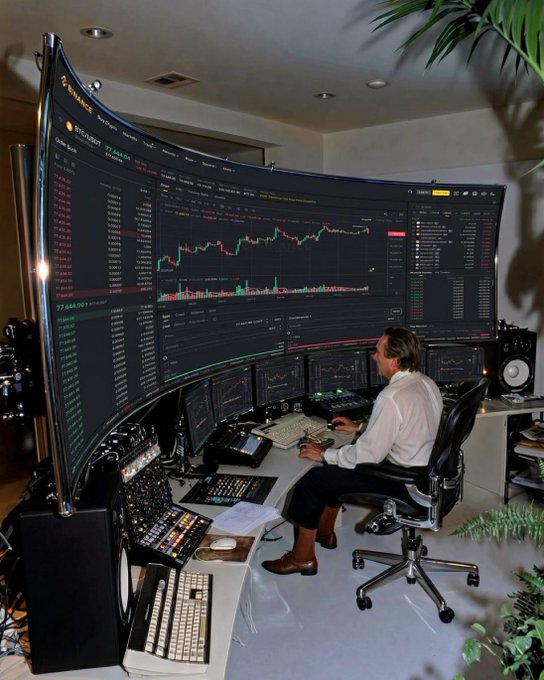 A person sits at an extensive trading desk featuring a large curved monitor displaying a Bitcoin price chart (BTCUSDT at 77,644.50) along with multiple smaller screens, keyboards, and specialized input devices.
