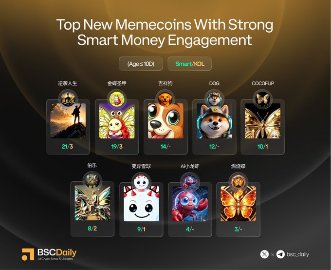 A graphic titled "Top New Memecoins With Strong Smart Money Engagement" from BSCDaily displays 9 new memecoins under 10 days old ranked by their Smart/KOL metrics. The featured tokens include 游戏人生 (21/3), 金螺笠甲 (19/3), 吉祥狗 (14/-), DOG (12/-), COCOFLIP (10/1), 伯乐 (8/2), 变异雪球 (9/1), Ai小龙虾 (4/-), and 燃烧蝶 (3/-), corresponding to the mentioned projects and creators.
