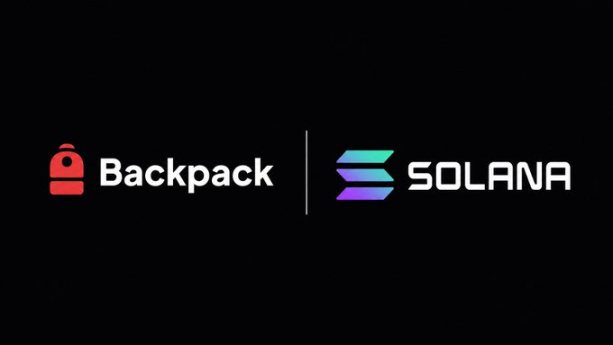 The image displays the Backpack and Solana logos side by side on a black background, visually representing the partnership in which Backpack is launching 24/7 trading for tokenized U.S. equities with instant settlement on the Solana blockchain.