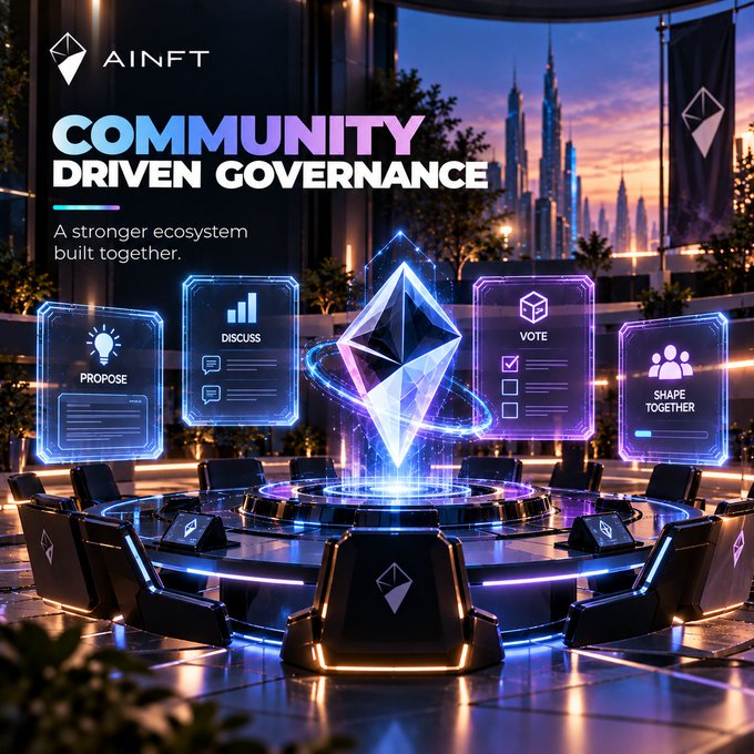 A promotional graphic for AINFT titled 'COMMUNITY DRIVEN GOVERNANCE' featuring floating panels labeled PROPOSE, DISCUSS, VOTE, and SHAPE TOGETHER around a central Ethereum-style crystal logo.