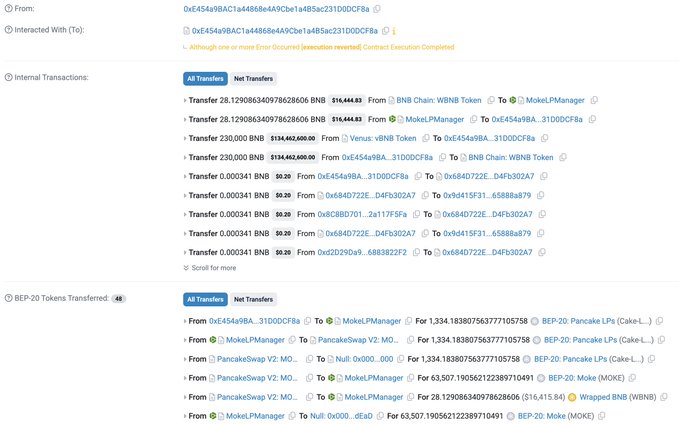 The image shows a BNB Chain block explorer transaction page detailing internal and BEP-20 token transfers, including $16,444.83 in BNB and Wrapped BNB (WBNB) moved between addresses like 0xe454a98a and MokeLPManager, along with PancakeSwap LP and MOKE token movements consistent with the reported ~$907.7K MOKE exploit on BSC.
