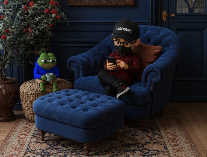 A stylized 3D cartoon figure wearing a 'GAREKRIPT' cap and red plaid shirt sits on a blue armchair with a masked face, accompanied by a Pepe the Frog plush holding a mug.