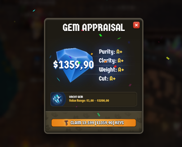 A "GEM APPRAISAL" interface displays a blue gem valued at "$1359,90" with locked stats and a button to claim the reward.