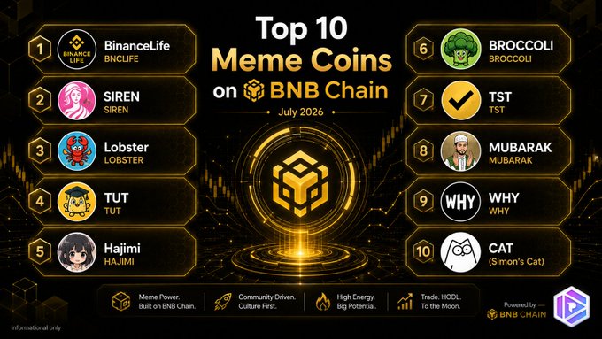 A 'Top 10 Meme Coins on BNB Chain' list for July 2026, featuring BinanceLife (BNCLIFE), SIREN, Lobster, TUT, Hajimi, BROCCOLI, TST, MUBARAK, WHY, and CAT (Simon's Cat).