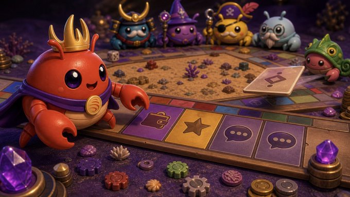A vibrant 3D illustration of cartoonish characters playing a board game, featuring a prominent red character with a golden crown in the foreground amid gems and game pieces.