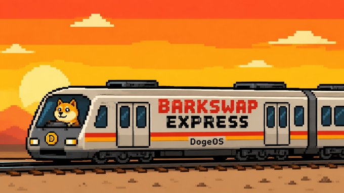 ikogs express train, painted white with red and orange stripes, travels through a desert landscape at sunset.