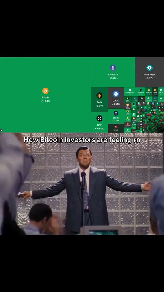 A meme showing cryptocurrency price gains with Bitcoin at +11.64%, Ethereum +19.23%, BNB +6.61%, and Solana +13.12%, paired with a scene of a man in a suit with arms outstretched captioned 'How Bitcoin investors are feeling rn'.