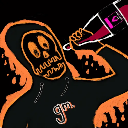 A stylized illustration of a grim reaper figure in an orange hooded cloak drinking from a wine bottle labeled 'gm', with 'gm.' written at the bottom against a black background.