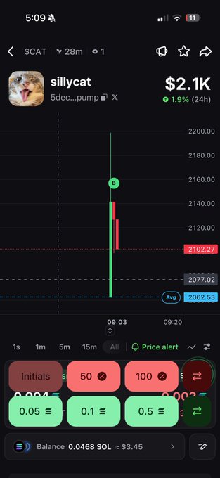 A mobile trading app screenshot showing the 'sillycat' token (5dec...pump) with a market cap of $2.1K, up 1.9% (24h), featuring a candlestick chart and a buy/sell interface at the bottom.