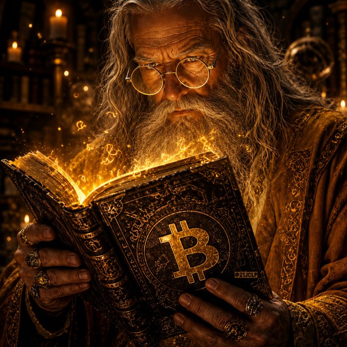 Fantasy-style digital artwork of an elderly wizard with long gray hair and round glasses reading a glowing ancient book emblazoned with a Bitcoin symbol.