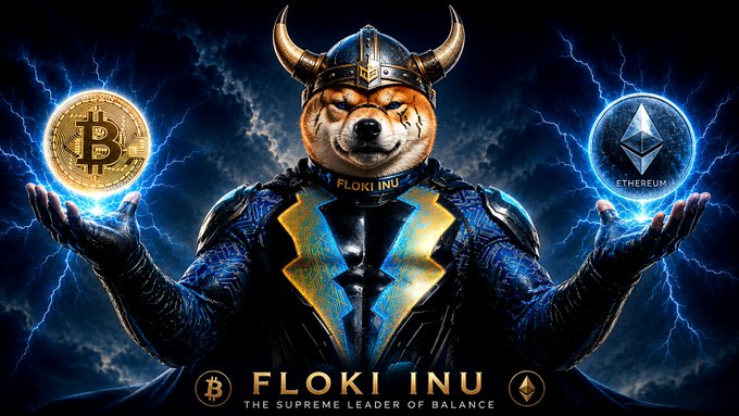 A digital artwork of a Shiba Inu dog wearing a viking helmet and blue armor, holding a Bitcoin coin in one hand and an Ethereum coin in the other, with the text 'FLOKI INU - THE SUPREME LEADER OF BALANCE'.