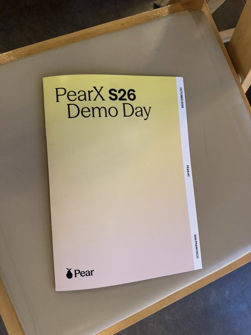 A pamphlet titled 'PearX S26 Demo Day' from October 2026, featuring the Pear logo in the bottom left corner.