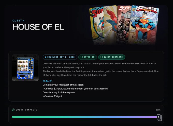 A 'House of El' quest 4 completion screen for a Superman-themed digital collectible game, showing three Superman comic covers, a quest wallet image, and an expiration date of October 2, 2026.