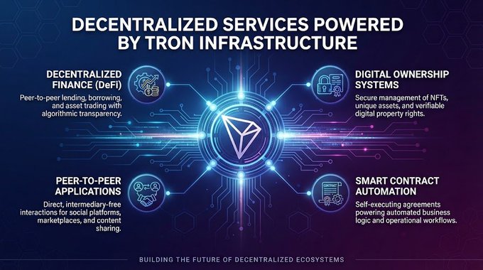 Infographic titled 'Decentralized Services Powered by TRON Infrastructure' detailing DeFi, Digital Ownership Systems, P2P Applications, and Smart Contract Automation.