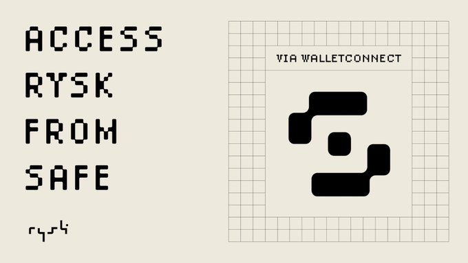 Pixel-art style graphic showing text 'ACCESS RYSK FROM SAFE' alongside a 'VIA WALLETCONNECT' badge and the Safe wallet logo on a gridded background.