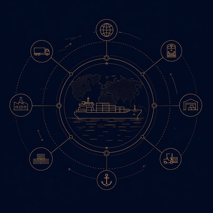 A dark navy infographic displays a cargo ship sailing across a world map at its center, surrounded by eight icons arranged in a circular network—including a globe, train, truck, factory, warehouse, forklift, anchor, and delivery van—representing the various logistics components of the @EthraShip supply chain ecosystem, with $SHIP tokens serving as the connective fuel between global trade stages rather than representing ownership of any single vessel.