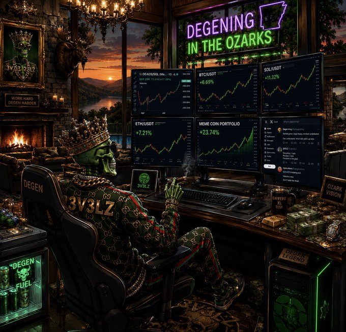 The image, captioned "DEGENING IN THE OZARKS," shows a skeleton wearing a crown and Gucci tracksuit sitting before multiple monitors displaying crypto price charts for tickers like BTC/USDT (+6.69%), SOL/USDT (+11.32%), ETH/USDT (+7.21%), and a "MEME COIN PORTFOLIO" (+23.74%), with stacks of cash and luxury items scattered around. The image humorously embodies the post's bullish macro thesis—strong GDP growth paired with cooling inflation is the ideal "risk-on" backdrop that fuels the kind of aggressive crypto speculation the opulently equipped "degen" trader represents.