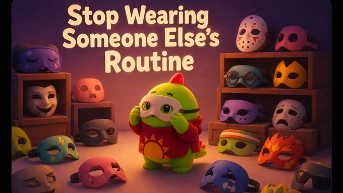 A colorful 3D-style illustration shows a small green dinosaur character wearing a superhero cape and a white eye mask, standing among shelves filled with various superhero masks, with the motivational text 'Stop Wearing Someone Else's Routine' displayed at the top.