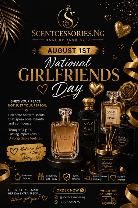 A promotional advertisement for Scentcessories.NG celebrating National Girlfriends Day on August 1st, featuring perfumes from Eclat Femme, Kayali, Chanel Coco, and Black Opium.