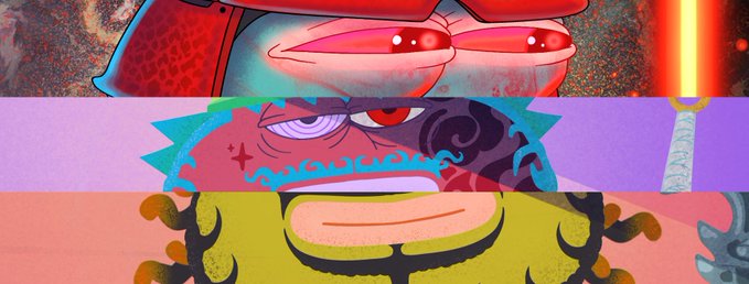 A collage of three horizontal panels showing anime-style character close-ups: red eyes at top, a purple character with a red eye in the middle, and a yellow SpongeBob-like figure at the bottom.