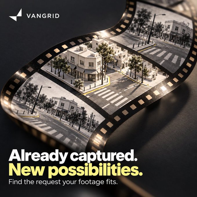 A promotional graphic for Vangrid featuring a curving film strip displaying miniature urban scenes, with text reading 'Already captured. New possibilities. Find the request your footage fits.'