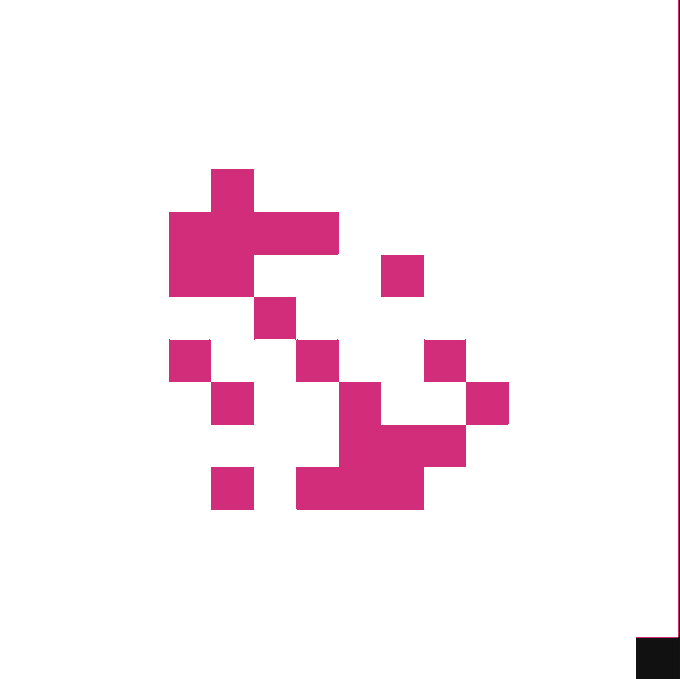 A sparse pixel art pattern using magenta squares on a white background forms an abstract shape, with a single black pixel in the bottom right corner.