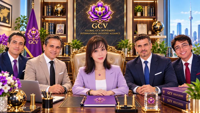 The image shows five leaders of the GCV (Global GCV Movement) seated together at an ornate desk in an elegant office setting, with the organization's purple logo and "GLOBAL GCV MOVEMENT — INTERNATIONAL INDUSTRY ALLIANCE" displayed prominently on the wall behind them. A purple flag bearing the GCV emblem stands to the left, while the desk is adorned with books, a decorative globe, and branded folders—reinforcing the post's message of unity and global leadership.