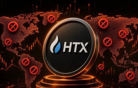 A circular black emblem with the "HTX" logo and a blue water droplet sits on a glowing orange pedestal against a dotted world map background, surrounded by red prohibition/no-entry symbols scattered across the globe. The imagery visually reinforces the post's message about HTX facing sanctions-related troubles, with the worldwide prohibition symbols symbolizing the regulatory restrictions and global restrictions imposed on the exchange.