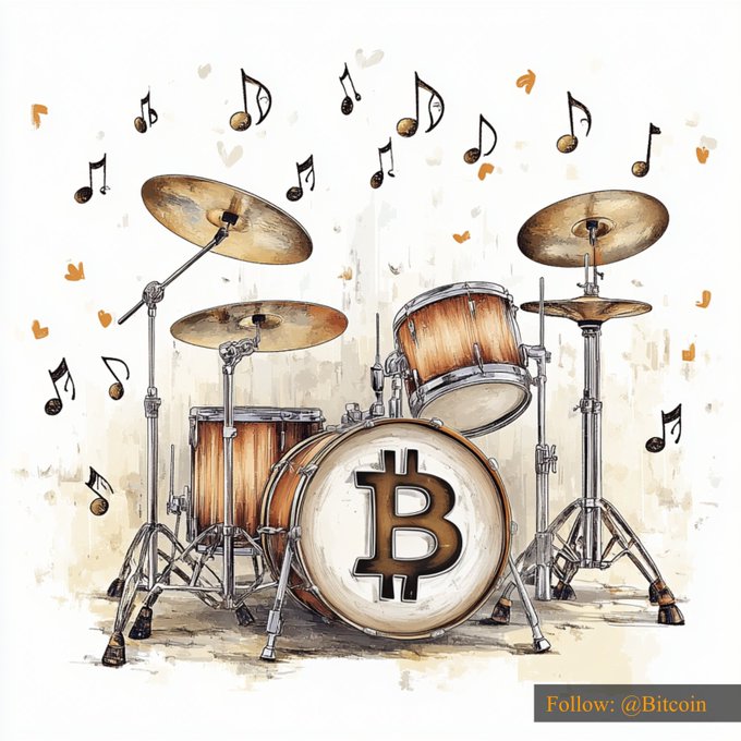 A drum kit with a Bitcoin "₿" logo on the bass drum, surrounded by floating musical notes, visually representing Bitcoin's rhythmic rise to $75,538.85.