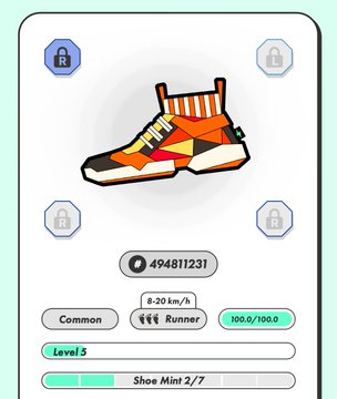 STEPN app sneaker details showing a Common Runner shoe at Level 5 with attributes for 8-20 km/h range, durability 100.0/100.0, and Shoe Mint 2/7.