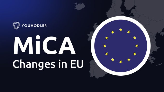 A YouHodler promotional banner titled 'MiCA Changes in EU' featuring the European Union flag with yellow stars on a dark blue background over a map of Europe.
