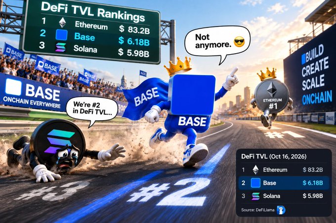 A graphic depicting DeFi TVL Rankings with Ethereum at #1 ($83.2B), Base at #2 ($6.18B), and Solana at #3 ($5.98B), featuring cartoon characters for Base wearing a crown and Ethereum labeled as #1.