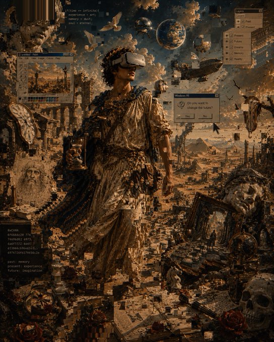 A surreal digital artwork depicting a figure wearing a VR headset standing amid ancient ruins, classical statues, and floating computer interface windows showing code and dialog boxes.