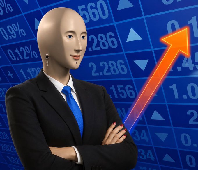 The image features a mannequin dressed in a suit, standing against a blue background with an upward-pointing arrow. The mannequin has its arms crossed over its chest, giving off an air of confidence or authority. The text "Just came across this image, and it feels pretty interesting" suggests that the image might have been created intentionally to capture attention or convey a specific message related to the post about Binance gradually getting closer to the US stock market.