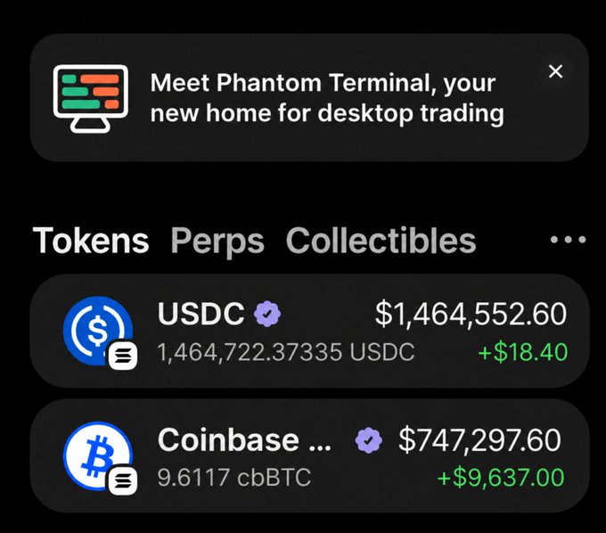 A Phantom wallet screenshot displays $1,464,552.60 in USDC (1,464,722.37335 USDC, up $18.40) and $747,297.60 in Coinbase Bitcoin (9.6117 cbBTC, up $9,637.00), illustrating the point that flashy PnL screenshots can be easily faked to fabricate credibility and gain access to crypto circles.
