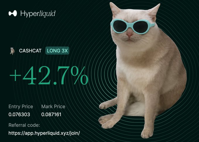 A white cat wearing teal sunglasses sits beside a Hyperliquid trading card showing a +42.7% return on a 3x long $CASHCAT position, with entry price 0.076303 and mark price 0.087161. The image humorously visualizes the poster's profitable memecoin trade, linking the cat theme to the cashing out of their gains.