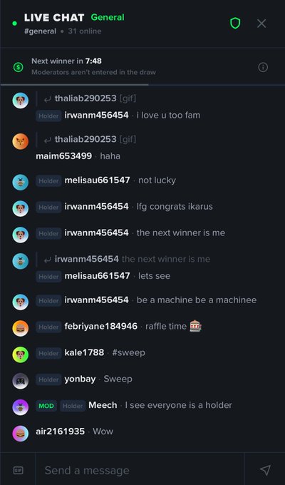 A live chat interface displays a 'General' channel with users discussing an upcoming raffle winner, featuring usernames like 'thaliab290253', 'irwanm456454', and 'melisau661547', with the next winner announcement in 7:48.