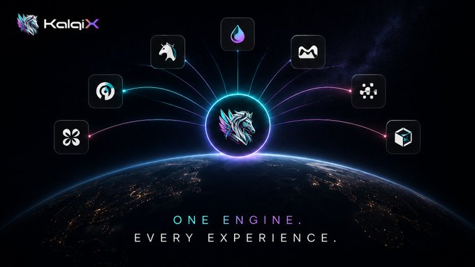 A promotional graphic for 'KalaiX' showing a winged unicorn logo orbiting Earth, connected to icons representing gaming, crypto, and creative tools, with the tagline 'ONE ENGINE. EVERY EXPERIENCE.'