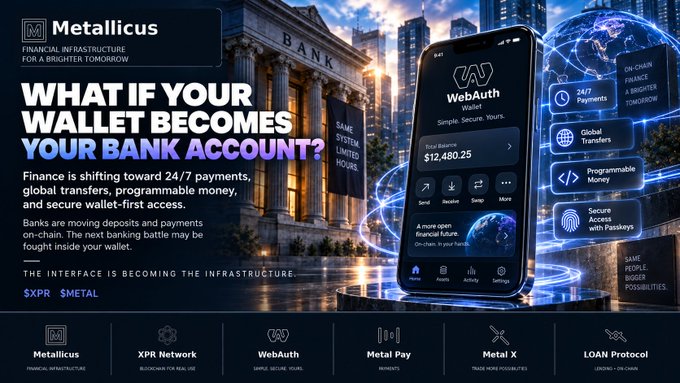A promotional banner for 'Metallicus' featuring the question 'WHAT IF YOUR WALLET BECOMES YOUR BANK ACCOUNT?' alongside an image of a smartphone showing the 'WebAuth' app interface with a balance of $12,480.25.