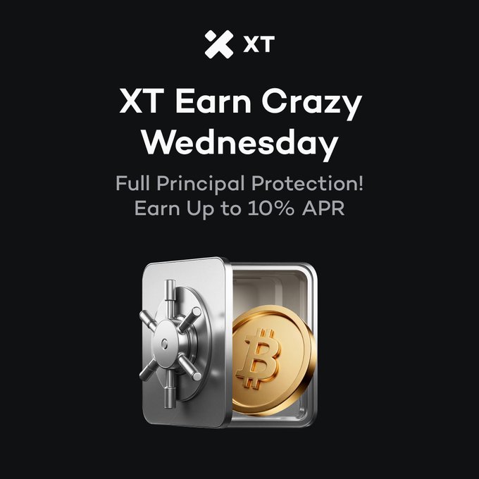 A promotional image for XT Earn's Crazy Wednesday campaign featuring the XT logo and text reading "XT Earn Crazy Wednesday, Full Principal Protection! Earn Up to 10% APR," displayed above a silver vault safe containing a gold Bitcoin coin, visually reinforcing the post's message about fixed-term USDT & BTC savings products with principal protection.